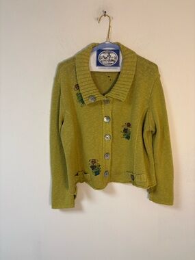 Willow Womens Cardigan Sweater Cotton Ribbed Collar Yellow Medium